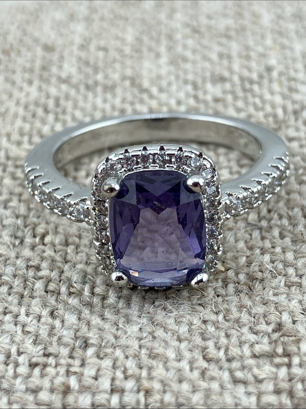 Sterling Silver Purple Cushion-Cut Halo Ring with Pavé Band